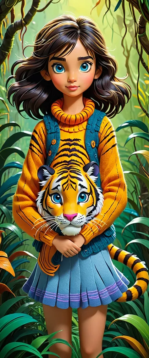 Cute  colorful  woollen art girl holding Tiger, jungle  book,  focusing,, fantastic , perfect composition,  perfect details,  perfect eyes,  perfect iris,  high resolution, high quality, high definition,   ink painting , lovely, calm, painting splashes , q...