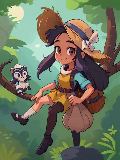 Une enfant fille qui sourit avec de long cheveux lisses brun, elle porte une tenue daventurier et un chapeau dexplorateur, she has a camera around her neck and a lemur is on her shoulder 