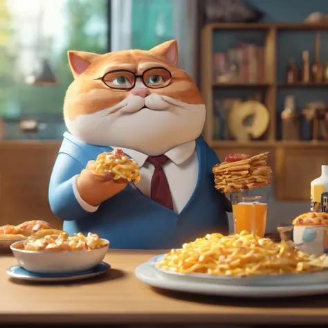 a fat cat  (Man) 3D art efekt movie , he eats too much food and watches TV every day