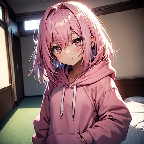 pink hair, medium length hair, brown eyes, cute, girl, in bedroom, warm، pink hoodie, 18 years