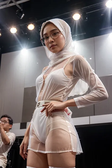 Young sweet beautiful Bogor city girl, 26 years old, sweet georgeus sundanese face, slim body, slim thigh, wearing grey hijab, wearin button  very transparent dress, wearing white very transparent trousers, wearing brown belt, wearing high heels,  wearing ...