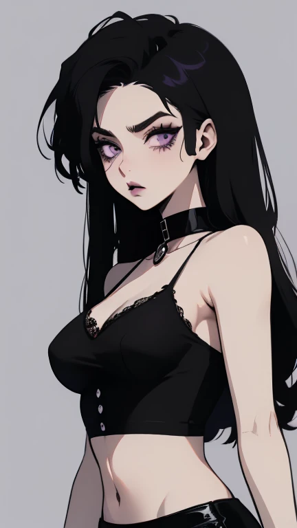 anime style, cartoon, comic, anime comic, medium dark colors, soft tones, lighting details, generates an image of a 20-year-old a single gothic girl, black painted lips, pastel purple eyes, long black hair dark pastel purple background, the girls hair reac...