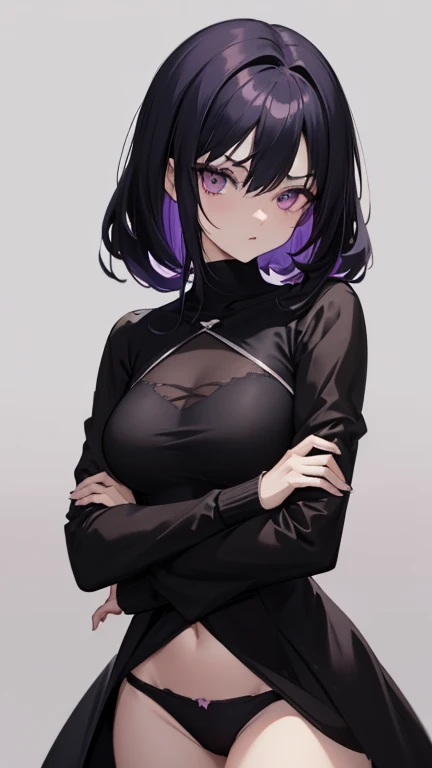 anime style, cartoon, comic, anime comic, medium dark colors, soft tones, lighting details, generates an image of a 20-year-old a single gothic girl, black painted lips, pastel purple eyes, long black hair dark pastel purple background, the girls hair reac...