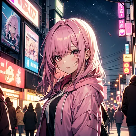 pink hair, medium length hair, brown eyes, girl, night city, warm، pink hoodie, 18 years