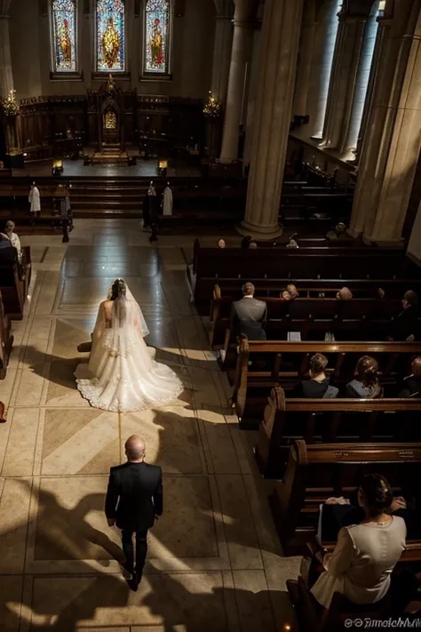 Dimly lit, gigantic golden cathedral seen at an angle slightly above those watching the wedding ceremony taking place. The bride is in the middle of the aisle that takes her to the altar, where the groom is waiting. the bride walks next to her father and b...