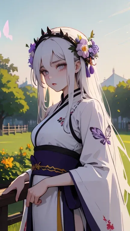 1 girl, solo, long white hair, shiny green eyes, detailed eyes, blink, silk hanfu, white robe hanfu, purple glittering butterflies, outdoors, flower garden, high quality, ancient chinese hanfu, floral background, very detailed