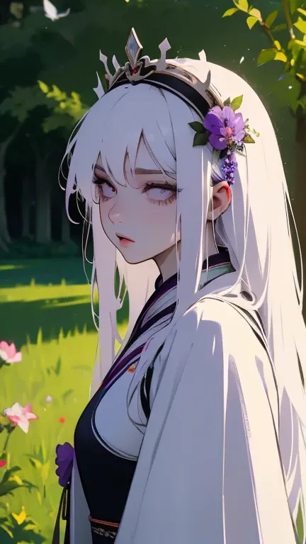 1 girl, solo, long white hair, shiny green eyes, detailed eyes, blink, silk hanfu, white robe hanfu, purple glittering butterflies, outdoors, flower garden, high quality, ancient chinese hanfu, floral background, very detailed