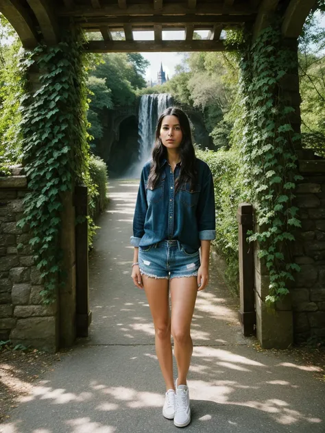 photograph of a woman, (tense facial expression), textured skin, goosebumps, black waterfall braid hair, oversized denim shirt with bike shorts and sneakers, multiple views, majestic fairy-tale castle with turrets drawbridges and ivy-covered walls, perfect...