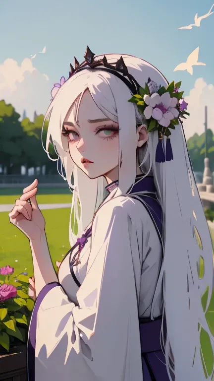 1 girl, solo, long white hair, shiny green eyes, detailed eyes, blink, silk hanfu, white robe hanfu, purple glittering butterflies, outdoors, flower garden, high quality, ancient chinese hanfu, floral background, very detailed