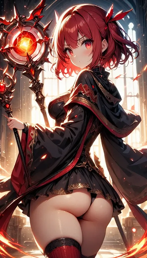 masterpiece,best quality, wizzard, short hair, red hair, ((twin tail)), red eyes, cloak, red_ornamentedium_tits)), exposed belly, 1girl, legs exposed, strikes, Perfect face, short skirt, knee socks,add_detail:1, add_detail:0, add_detail:0.5, moody light，an...