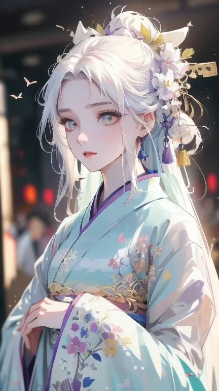 1 girl, solo, long white hair, shiny green eyes, detailed eyes, blink, silk hanfu, white robe hanfu, purple glittering butterflies, outdoors, flower garden, high quality, ancient chinese hanfu, floral background, very detailed