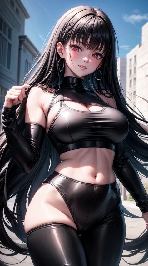 8k, highres, ultra detailed, (masterpiece:1.4), best quality, symmetrical body, (Black leather crop top with deep neckline:1.4), (black leather leggins:1.4), choker, cute, solo, earrings, long hair, black hair, red eyes, glow effect, finely eye, wide smile...