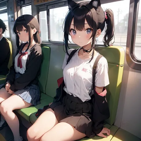 a japanese cat eared girl wearing a high  is sitting on a seat in a train.