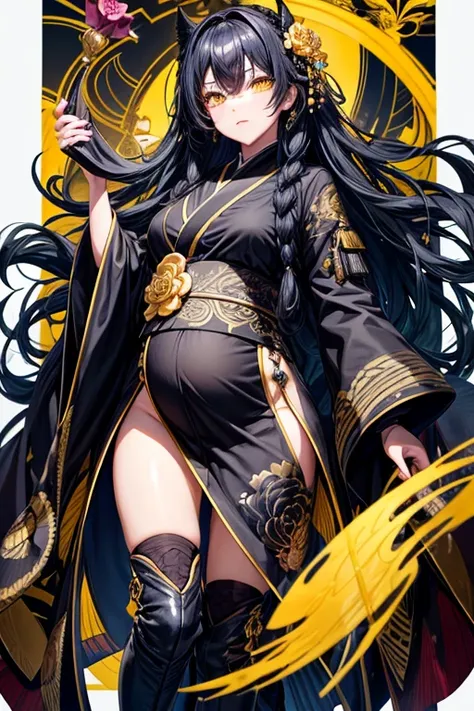 highest quality, black mask, black kimono with floral pattern, Loosely wavy long blue hair, yellow eyes, Knee-high boots, pregnant woman