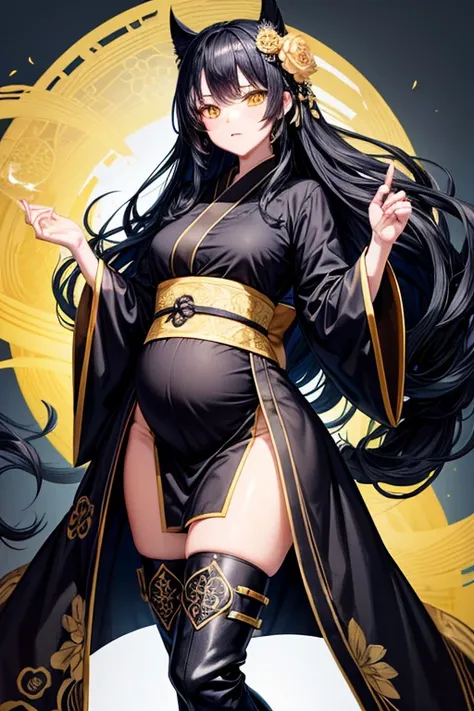 highest quality, black mask, black kimono with floral pattern, Loosely wavy long blue hair, yellow eyes, Knee-high boots, pregnant woman