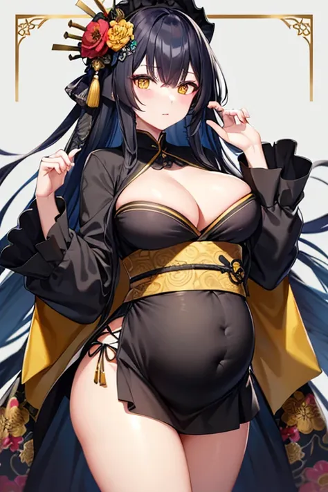 highest quality, black mask, black kimono with floral pattern, Loosely wavy long blue hair, yellow eyes, pregnant woman