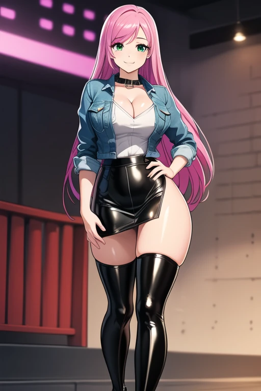 1 girl, 19 years old, Long pink hair, green eyes with slit pupils, master-piece, best quality, (standing up), (denim jacket), (tight denim dress, black leather pencil mini skirt, patent leather high heel boots, cleavage),  (Big , ultra gigantic , Super sup...