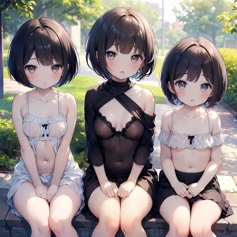 Super detailed, best quality, High resolution, Moe anime, ((((Three cute little girls with black hair are sitting.)))), (baby face), ((Big eyes:1.5, drooping eyes:1.5)), cute eyes, view audience, pale skin, NSFW, focus on the face, ((The upper body is in t...