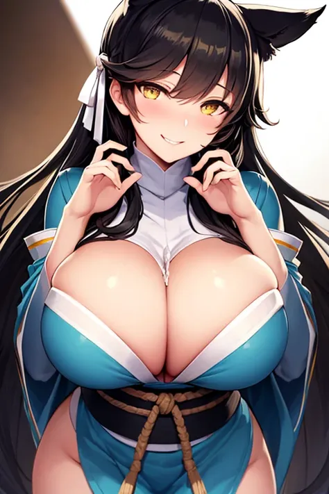 perfect face, atago, black hair, long hair, yellow eyes, animal ears, dark background, facing forward, cowboy shot, lust smile, in the center, giant breasts, giant cleavage, ((bending over)), hands out of sight, white kimono, close up on face 