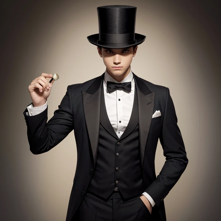 A 20-year-old magician wearing a suit and top hat, aponta uma varinha dr cor preta com ponta branca