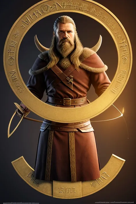 create a character that is a viking, looks straight forward, strong, northern mythologi style. Create the character to be inside a circle shape like a coin with rune inscriptions. Create one male version and one female version.