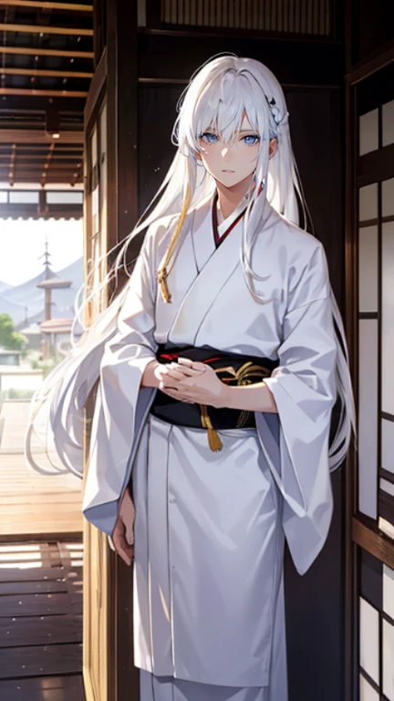 A 30-year-old man with hair as white as snow, sporting long, straight hair, dressed in a pristine white kimono, stands on the veranda of a Japanese house. Viewed from above, his entire body, tense expression, smug look on his face, narrow, black eyes, and ...