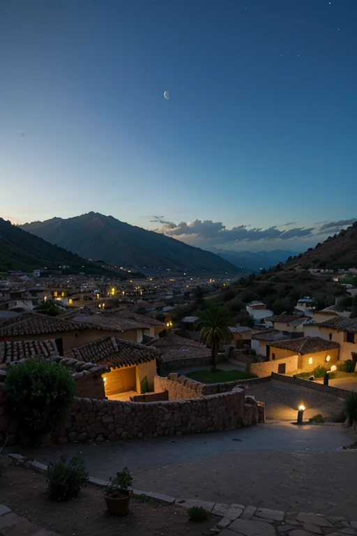 pueblo dormido en un valle iluminado por la luna