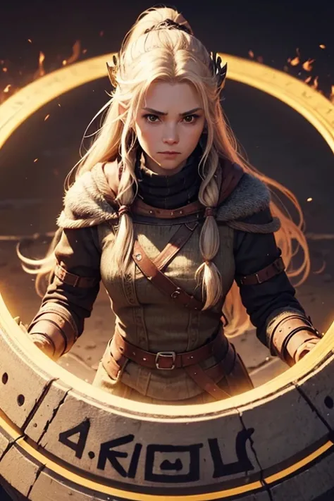 create a female character that is a viking, looks straight forward, strong, northern mythologi style. Create the character to be inside a circle shape like a coin with rune inscriptions. Meme style