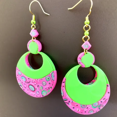 Giant huge big sized polymer clay earrings, with animal print, neon green and pink colors. High detailed. Geometric shapes. Candy