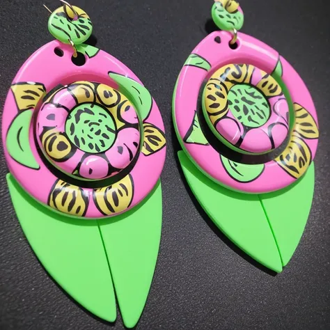 Giant huge big sized polymer clay earrings, with animal print, neon green and pink colors. High detailed. Geometric shapes. Candy