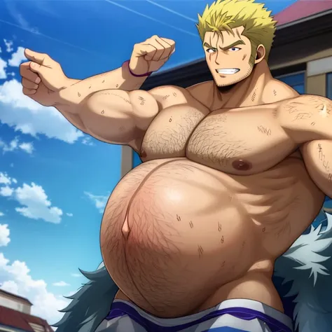 (((best quality, high resolution, masterpiece, best quality))),anime screencap, 1boy, muscular male, sweaty, masterpiece, depth of field, baseballplayer, looking at viewer, laxus_dreyar, yellow hair, chest tattoo, yellow lightning, spark, grin, dynamic pos...