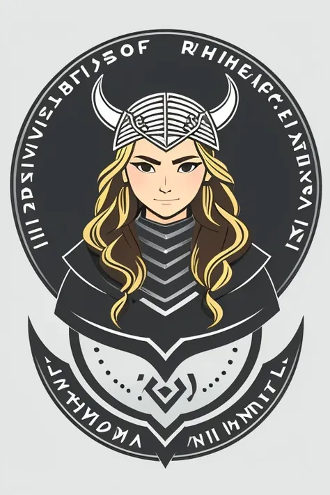 create a logo of a female character that is a viking, looks straight forward, strong, northern mythologi style. Create the character to be inside a circle shape like a coin with rune inscriptions.