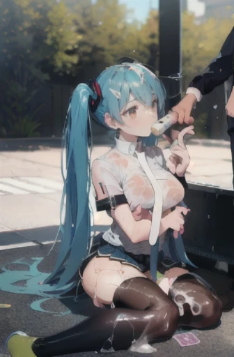 masterpiece, Great, Great, 1 girl, Blue eyes, shirt, pleated skirt, medium breasts, sort, (( wet, holding a condom in your hands, sitting on the ground, money on earth)), cumshot, ahegao face, cum, slave, slut, hatsune miku, (cum on clothes:1.4), blush , p...