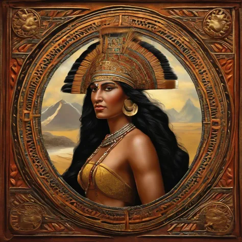 Colombia, year 300 AD, vintage metal embossing in the male native south american style of the time, handsome Cacique Maitamá, 33-year-old man. long, straight black hair down her back. Full-length-type image