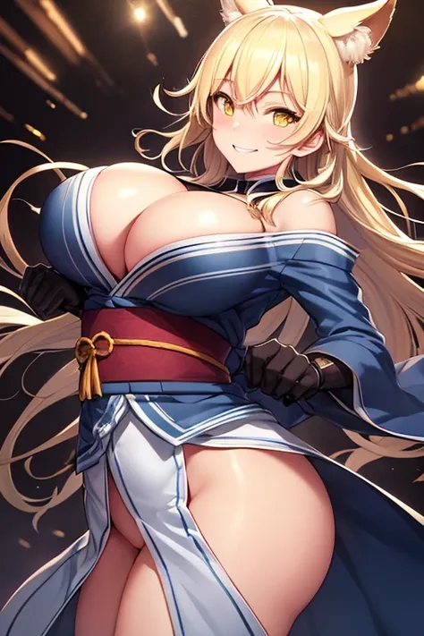 perfect face, atago, black hair, long hair, yellow eyes, animal ears, dark background, facing forward, cowboy shot, lust smile, in the center, giant breasts, cleavage, ((bending over)), hands out of sight, white kimono, close up