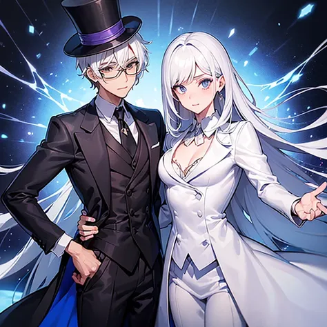 ((Obra de arte, Melhor qualidade)), (Luz complexa) 1 magician wearing a suit and top hat, corpo inteiro, cabelo, branco, olho cor roxo, luva, branca, white hair