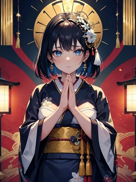 A (masterpiece, of the highest quality, ultra-detailed), featuring a beautiful girl with short black and navy hair, finely sculpted facial features, blue eyes, and fair skin, adorned in a traditional Japanese kimono, with sparkling eyes, ((tears)), in a pr...