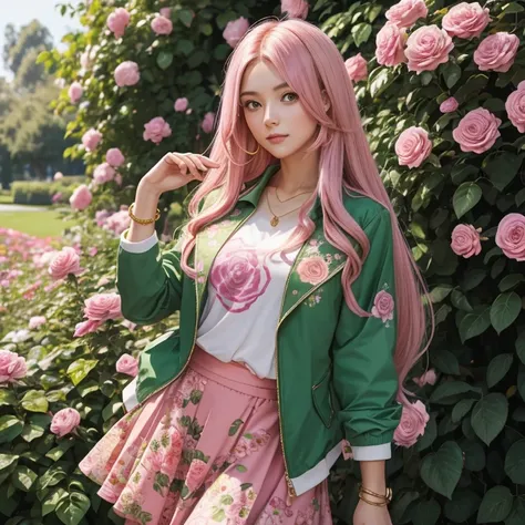 Girl in her 20s with long straight hair with pink highlights green jacket with plant print pink shirt green skirt flower medallion red waist gold bracelet holding a rose looking straight at the viewer garden background with flowers