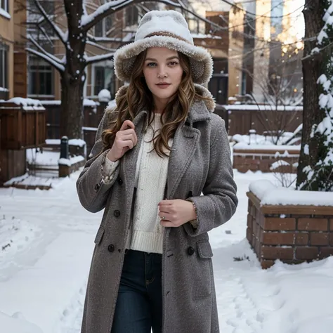 Drew Barrymore in the snow wearing a coat and hat