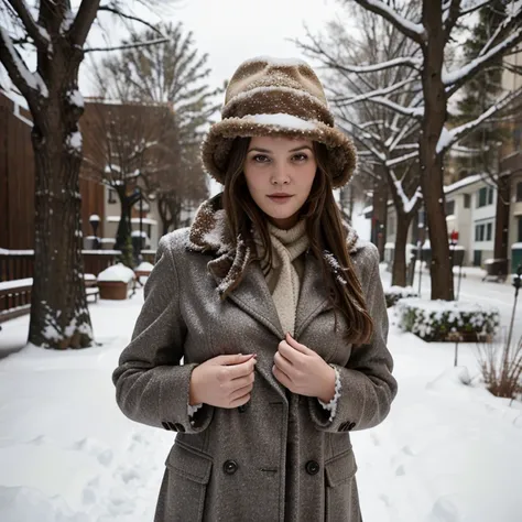 Drew Barrymore in the snow wearing a coat and hat