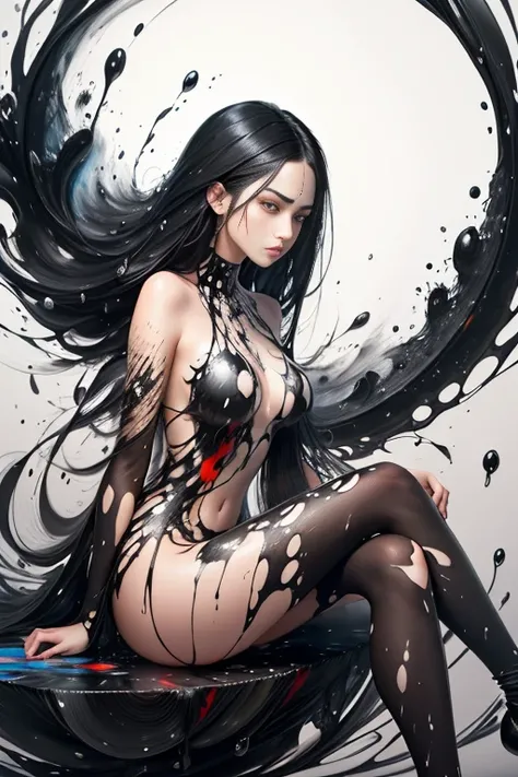 A young woman with black hair sitting inside a shell, Perfect proportions, (detailed eyes, eye correction), long straight hair, anger and resentment, ((More liquid paint splashes)), sitting posing for a photo, side view, (Abstract art:1.6), (Delicate image...