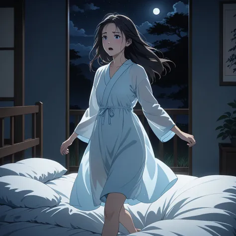 masterpiece, High resolution, illustration, kyoto animation style, cinematic style, night, midnight, Light, (1 female: 1.3), (alone: 1.4), long eyelashes, long hair, hair blowing, nose blushing, futon, running frightened, nightdress, Hide with hands, full ...