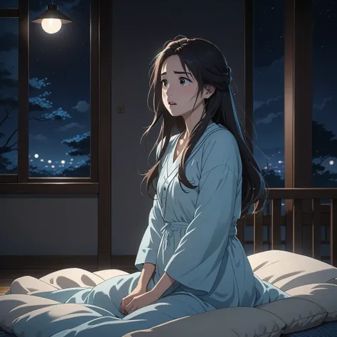 masterpiece, High resolution, illustration, kyoto animation style, cinematic style, night, midnight, Light, (1 female: 1.3), (alone: 1.4), long eyelashes, long hair, hair blowing, nose blushing, futon, frightened, nightdress, hide with hands, full body vie...