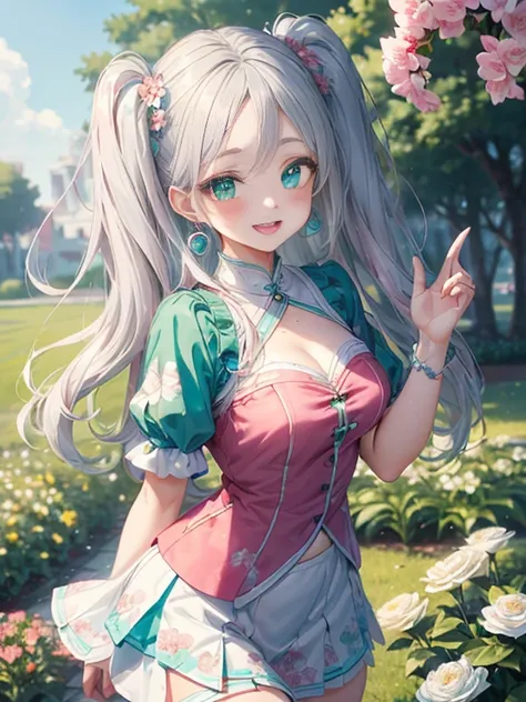 小さなgirl、The arrival of spring、thick thighs、thick thighs、 big ass、(alone:1.5,)Super detailed,bright colors, very beautiful detailed anime face and eyes, look straight, ;d, shiny_skin,girl, ((silver long hair,Inner color is red 、forehead is exposed.、green ey...