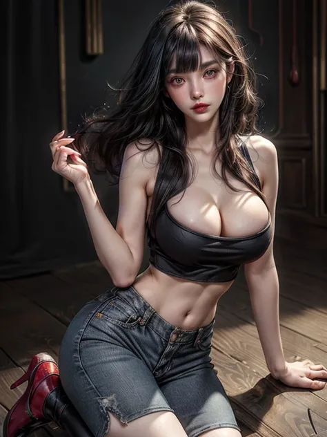 raw photo, 8k, (top-quality), Realistic, (real picture, Intricate details), (natural skin texture, detailed skin, hyper realism, sharpness), ((Cleavage:1.2)), (detailed woman), ((28 year old Taiwanese woman)), (big boobs:1.2), (pale skin:1.5), ((long strai...