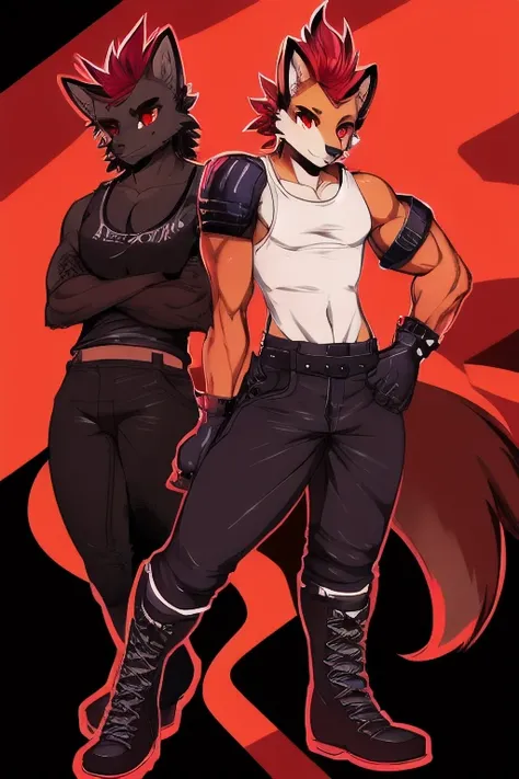 Furry, anthropomorphic wolf, orange fur, red hair, mohawk hairstyle, red eyes, 67 and 233, 50" Chest, 21" Shoulders, 17" Biceps, 36" Waist, 25" thighs, 17" calves, 20" back, wearing black leather sleeveless biker vest, wearing white t-shirt with sleeves ri...