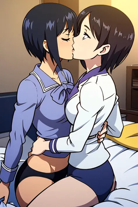 two short haired lesbians in office top with panties on top one another in bed, kiss
