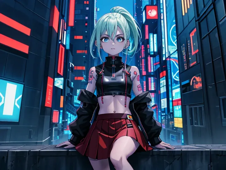 high resolution, obra-prima, melhor qualidade, 1girl, rebecca (cyberpunk), yamanaka ino, tattoo, sitting, roupa futurista, skirt, estilo cyberpunk neon, ao fundo cidade cyberpunk a noite, pele finamente detalhada, seios enormes, pernas muito musculosas