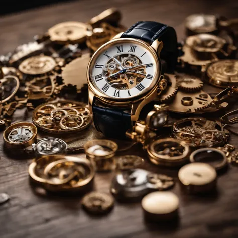 generate an image of a luxury watch completely disassembled with the pieces together on a wooden table white background