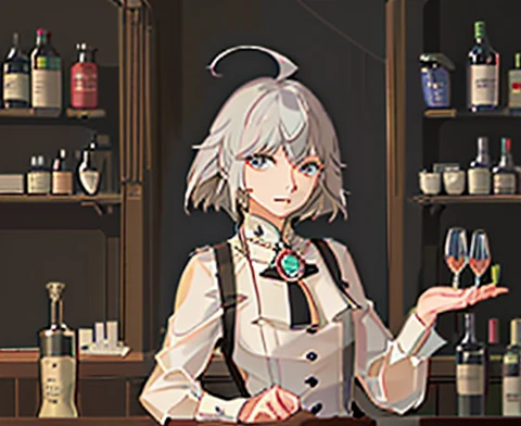 ((16 nights as a bartender)), ((They want a project)), Disguise, 20-year-old woman, (((Gray hair)), ((Medium spiky hair)), ((beautiful costume )), ((White blouse)), the middle, (a light)))), (antiquities))), (Realistic picture: 1.3), rim a lighting, (Highl...